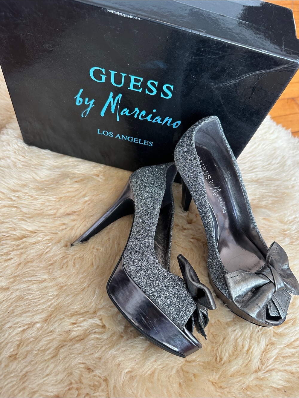 Guess by Marciano Glitter Peep-Toe Pumps with Bow in Silver